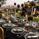 KIRE 175Pcs Black Plates Disposable - Heavy Duty Black and Gold Plastic Plates- 25 for Dinner 25 for Dessert 25 Pre Rolled Gold Silverware and 25 Cups for Graduation/Birthday Party/Wedding
