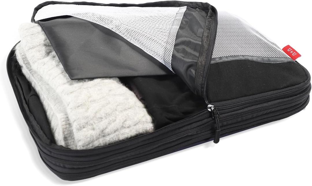 Compression Packing Cubes for Travel Essentials, 1 Pack Suitcase Organizers for Luggage Carry on, Large Lightweight Compressible Expandable Mesh Travel Cube, by U+U, Black