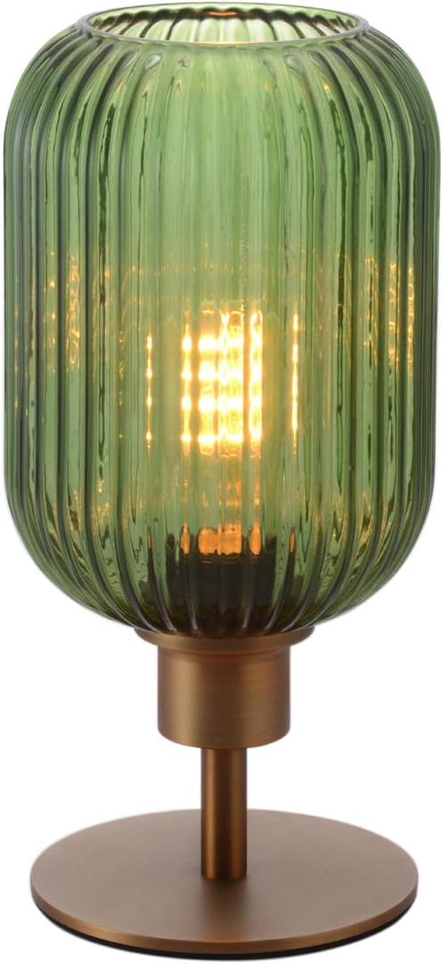 Mid Century Table Lamp,Vintage Glass Shade,3 Way Dimmable Desk Lamp, for Bedroom Living Room, Green Ribbed Glass