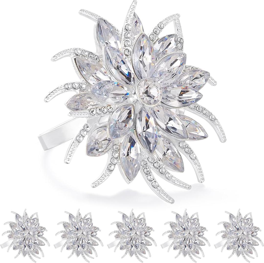 ZeeDix Christmas Flower Napkin Rings Set of 6, Silver Lotus Elegant Rhinestone Napkin Ring Serviette Buckles Holder for Wedding Birthday Christmas Holiday Party Home Kitchen Dinner Table Decoration