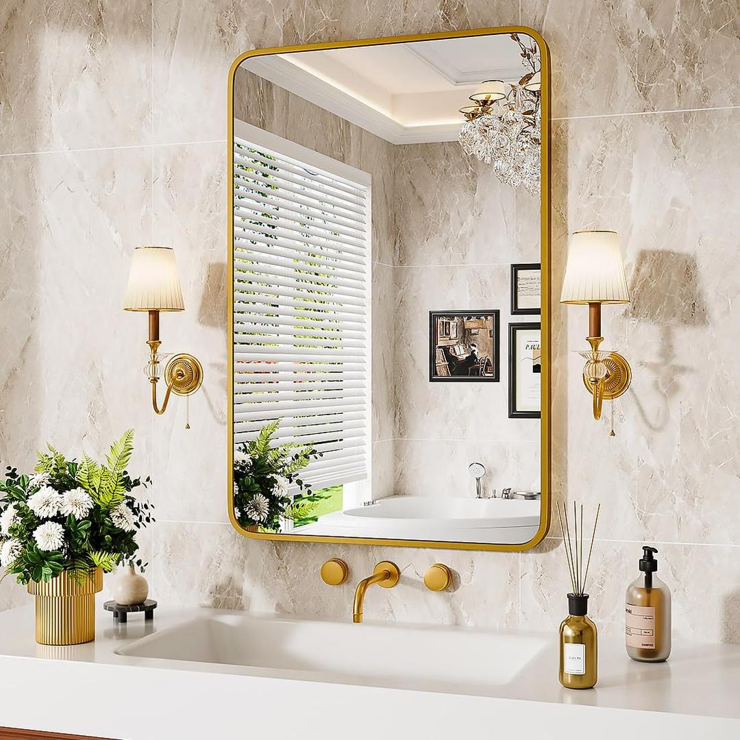 Bathroom Mirror 24" X 36" Wall Mount Dresser Metal Frame Rounded Rectangular Mirror Over Sink Vanity Can Be Hung Horizontally Or Vertically for Bedroom, Entryway, Living Room,Gold