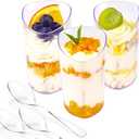 50 Pack Mini Dessert Cups with Spoons, 3 oz Clear Plastic Parfait Appetizer Cups, Small Reusable Shooter Serving bowls for Tasting, Slanted Triangle Dessert Shot Glasses