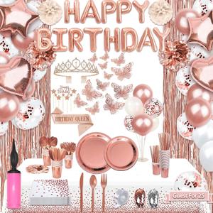 Guudmua 285 Pcs Rose Gold Party Decorations, Birthday Decorations For Women Or Girl - Knives, Forks and Spoons, Tiara, Butterfly, Sash, Paper Pom Poms, Balloon Stand, Tableware For 25 Guests