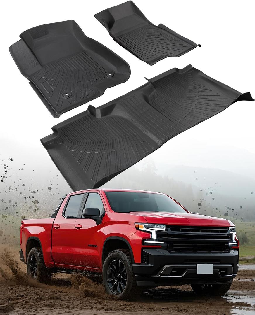 All Weather Floor Mats | for Chevy Silverado/for GMC Sierra 2025 2024-2019 | Crew Cab Only | Front & Backseat Truck Liners | 1500/2500HD/3500HD Custom Fit | Waterproof Heavy Duty Car Accessories