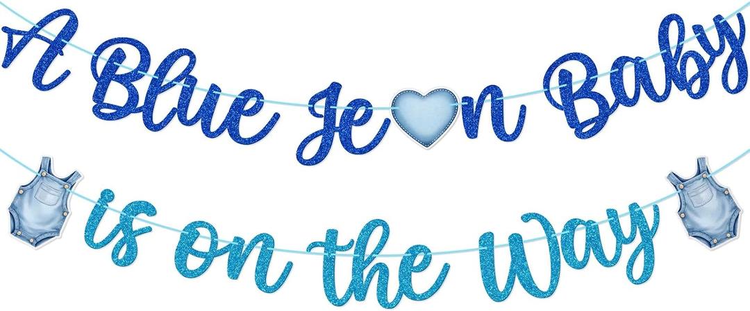 Baby Jeans Clothes Baby Shower Banner, Jeans-themed Baby Shower Decorations for Boy, Baby Boy is on the Way Banner, Blue Glitter | Denim Theme Baby Shower Decorations, Welcome Baby Boy Nursery Decor Party Supplies