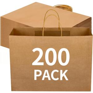 excvalues 200Pack Large Kraft Paper Bags with Handles Bulk,16x6x12 Inch Kraft Packaging Shopping Paper Bags for Small Business Retail Party(Brown)