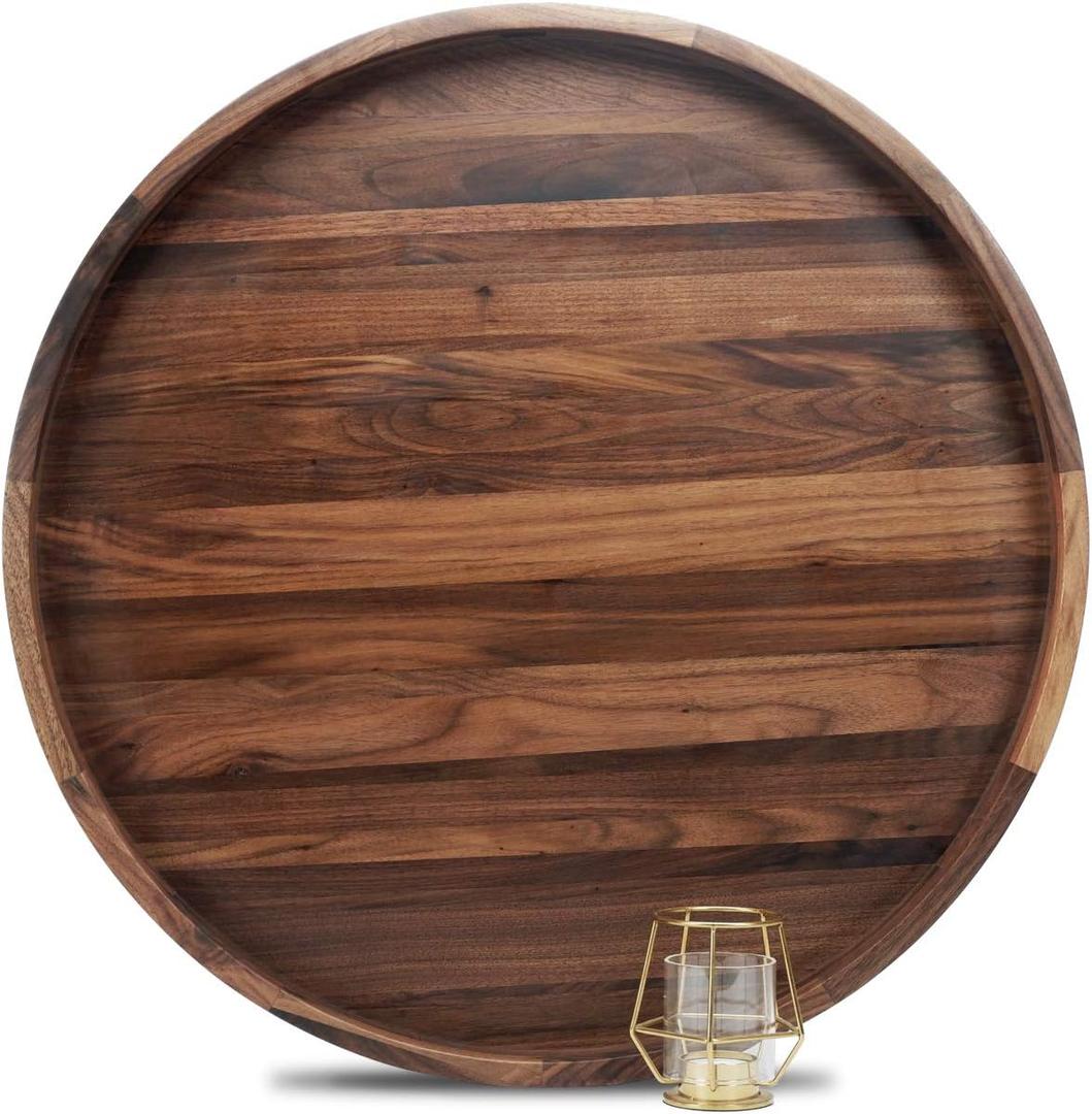 24 Inches Extra Large Round Black Walnut Wood Ottoman Tray with Handles, Serve Tea, Coffee or Breakfast in Bed, Classic Circular Wooden Decorative Serving Tray