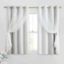 Ombre 100% Blackout Curtains 54 Inches Long 2 Panels for Bedroom Living Room Grey and White Double Layer Sheer Overlay Mix & Match Grommet Thermal Soundproof Drapes with Tiebacks, 52x54