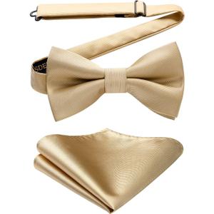 HISDERN Mens Bow Ties Solid Color Pre Tied Bowtie and Pocket Square Set Classic Formal Tuxedo Bowties for Wedding Party (03-champagne)