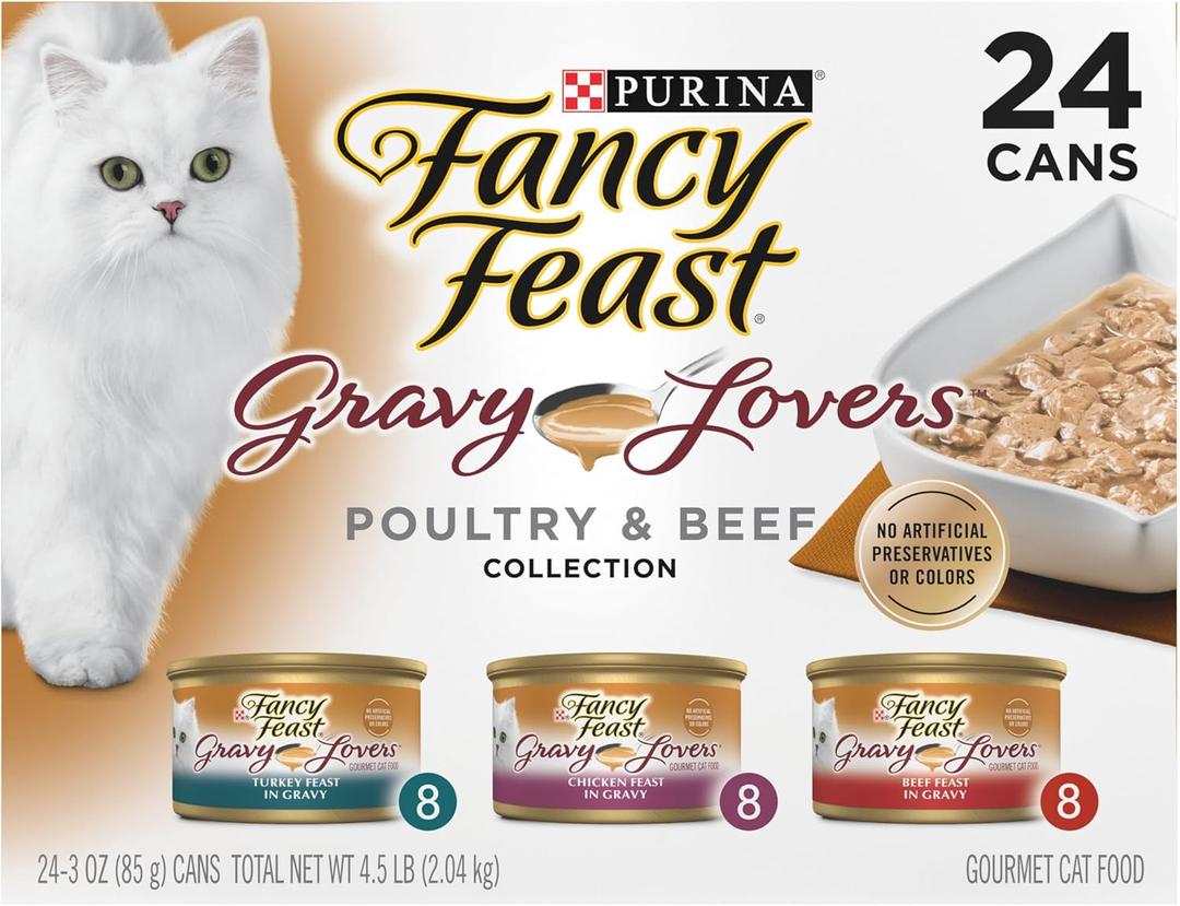 Purina Fancy Feast Gravy Lovers Poultry and Beef Grilled Gourmet Wet Cat Food Variety Pack - (Pack of 24) 3 oz. Cans, Best By: NOV/2027