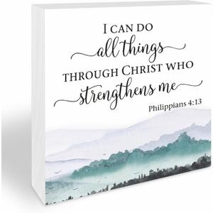 5 Inches Motivational Quote Wooden Sign - I Can Do All Things Through Christ Who Strengthens Me Wooden Block- Inspirational Religious Gifts For Friends Family -Greenery Farmhouse Tabletop Office Home Decor (A11)