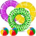 6 Pack Pool Floats Kids, 3 Pcs Inflatable Fruits Swim Tubes Rings & 3 Pcs Rainbow Beach Ball Bulk, Summer Pool Floaties for Kids Adults Swimming Float Toy Hawaiian Party Beach Water Fun Game, 30 Inch Pool Float, 12 Inch Beach Ball