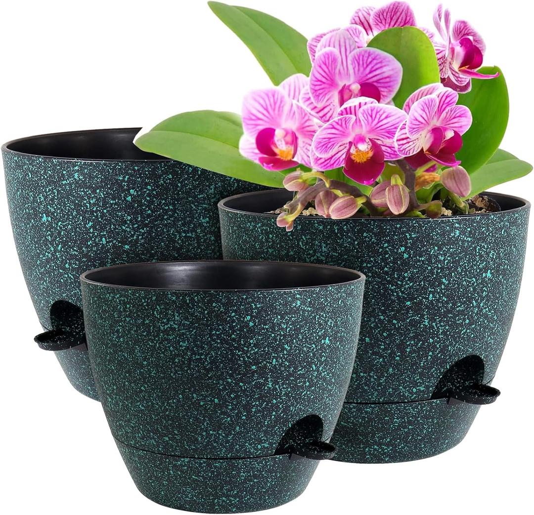 WSMKSZ 12/10/9 inch Large Self Watering Pots, Planter, Plant Pots with Mesh Drainage Holes for Indoor Outdoor Garden Plants, Plastic Flower Pots with Deep Reservoir, Black with Green Speckles