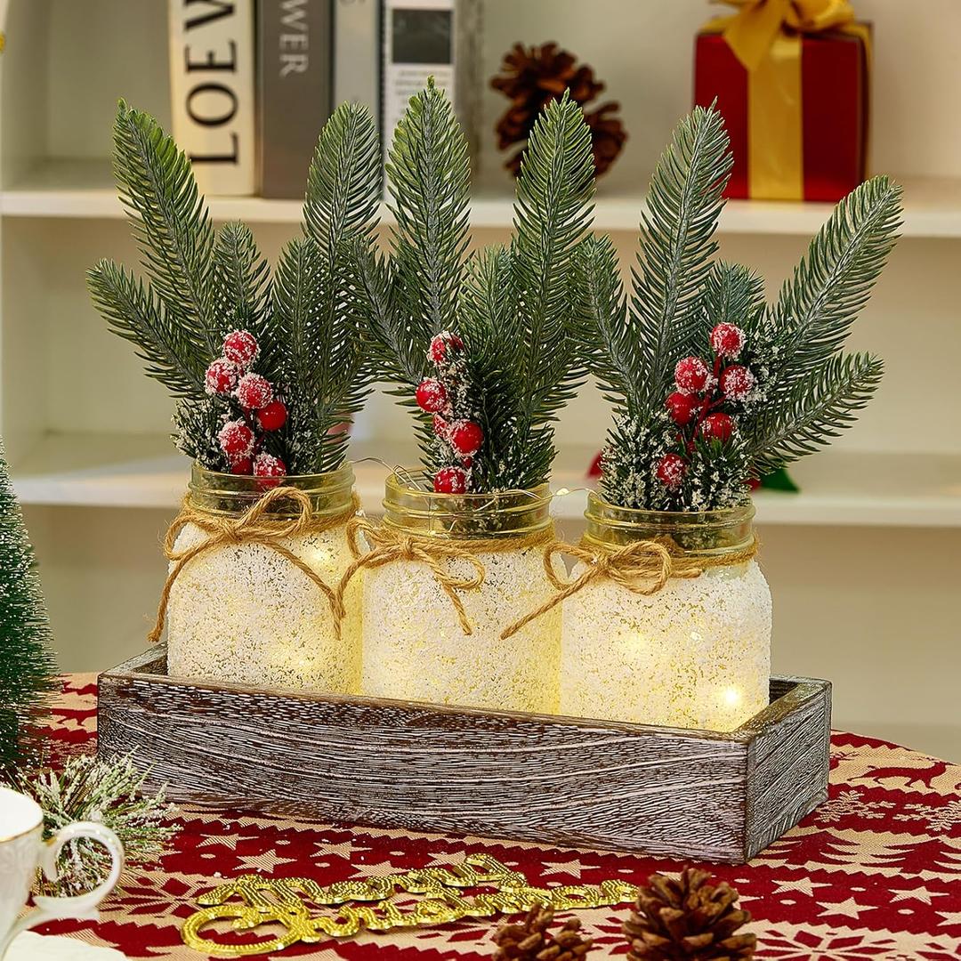Christmas Centerpieces for Tables, Table Decor with Mason Jar, Flowers Picks, Farmhouse Wood Tray, 23 Pcs Christmas Winter Table Decorations Centerpieces, Xmas Holiday, Kitchen, Dining Decor
