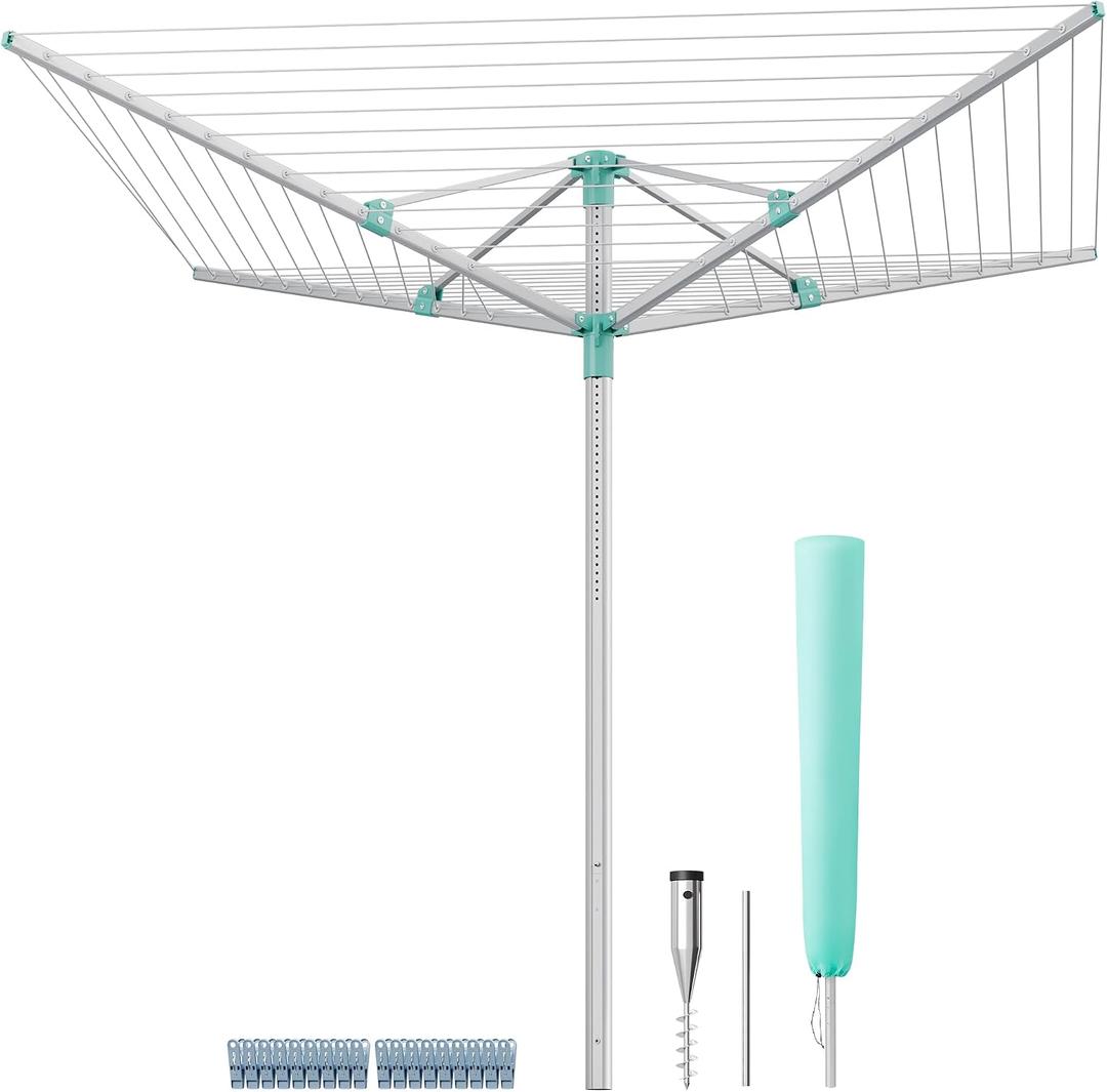 SONGMICS Umbrella Drying Rack, Retractable Outdoor Drying Rack, Height Adjustable, 197 ft Long Clothesline, Holds 6 Laundry Loads, for Garden, with Ground Spike, Cover, Silver and Green ULLR302E01, 71.3"D x 71.3"W x H