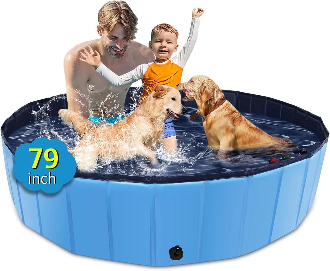Foldable Dog Pool, 79" x 14" Large Kiddie Pool with Hard Plastic, Non-Slip Dog Bath Tub for Outdoor Backyard, Collapsible Dog Swimming Pool for Kids Dogs Pets, (Blue)