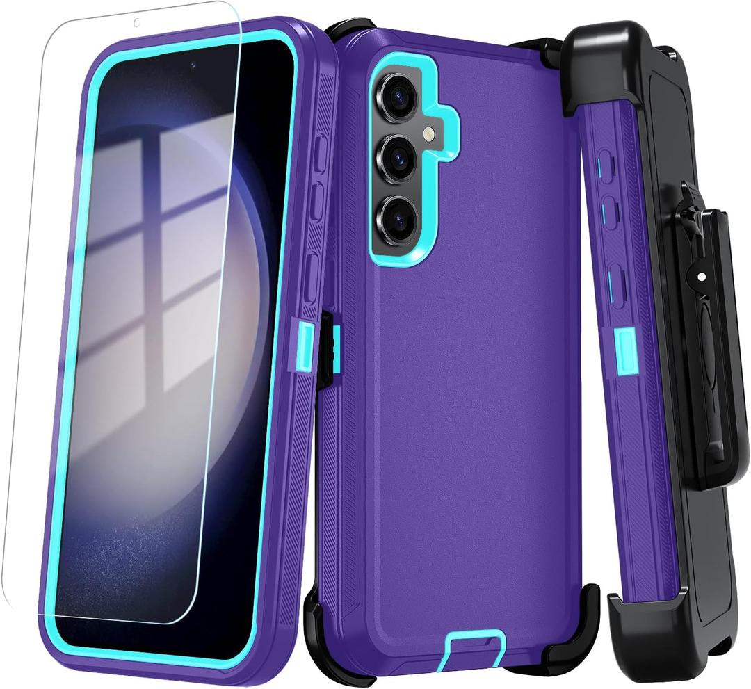 Qinmay Phone Case for Samsung Galaxy A35 5G Case with HD Screen Protector, Heavy Duty Shockproof & Dropproof 3-Layer Cover Phone Case for Galaxy A35 (BeltClip_Purple)