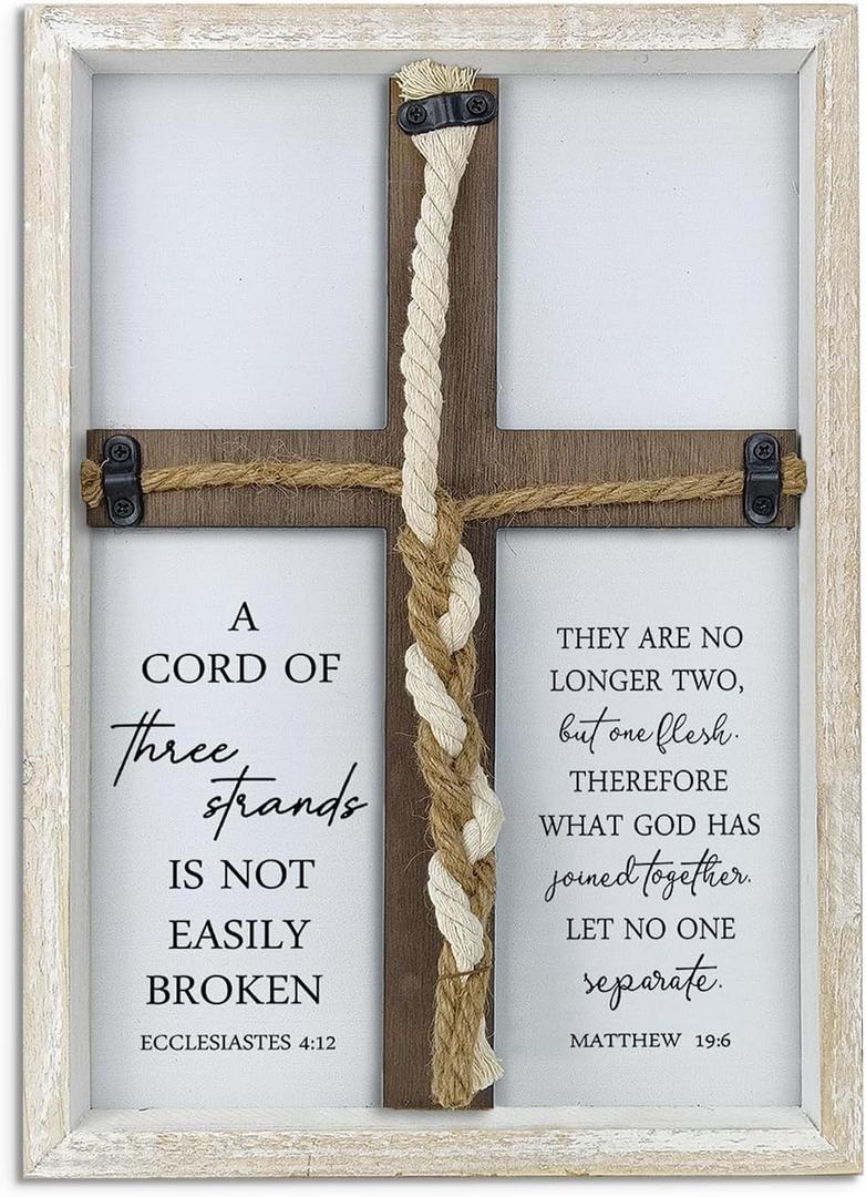 A Cord of Three Strands Wedding Sign 15"X10" Three Strands Braid Wall Decor Anniversary Religious Gifts for Couple Cross to Braid or Tie God's Knot, Symbolic of Unity (White)