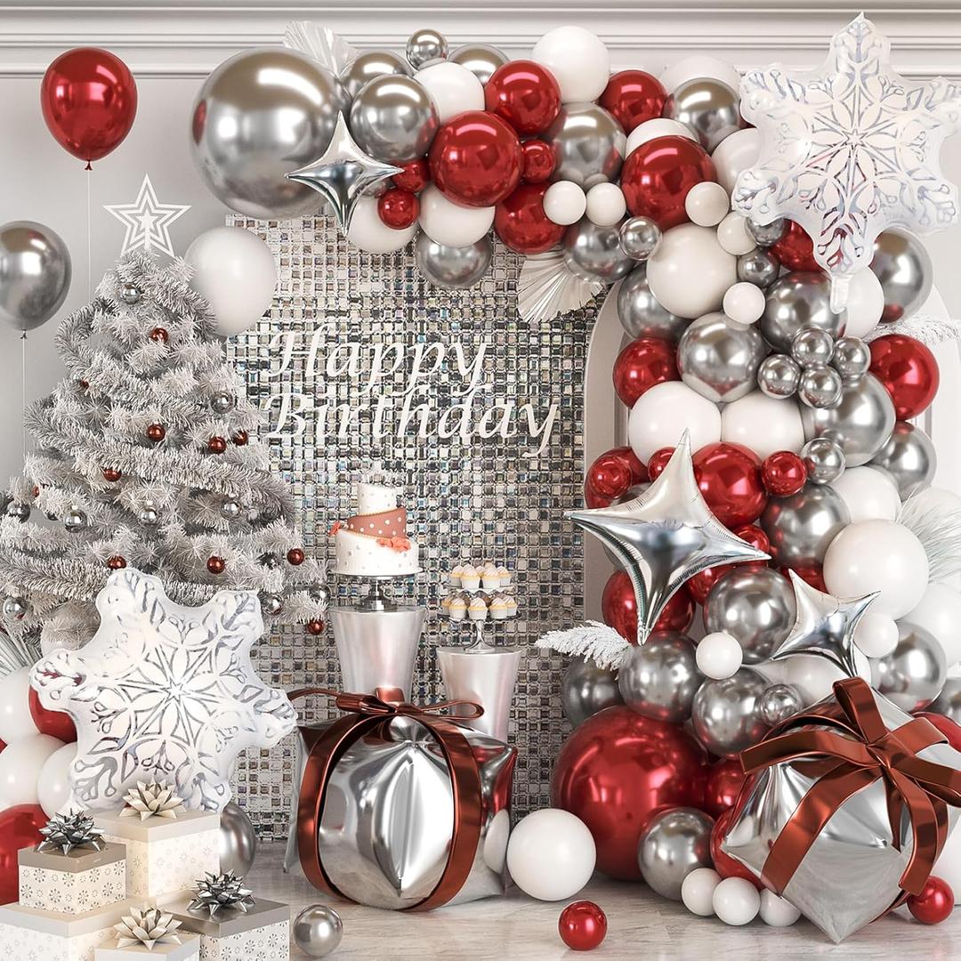 Red Snowflake Balloon Garland Arch kit, Large Snowflake Gift Box Star Foil Balloons Silver Red White Latex Balloon for Winter Wonderland Baby Shower Wedding Winter Theme Birthday Party Decoration