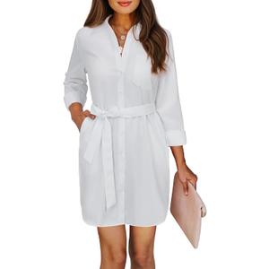 Womens Button Down Shirt Dresses with Pockets Cotton Button Up Tunics Long Sleeve Solid High Low Blouse Tops (Large, White With Belt)