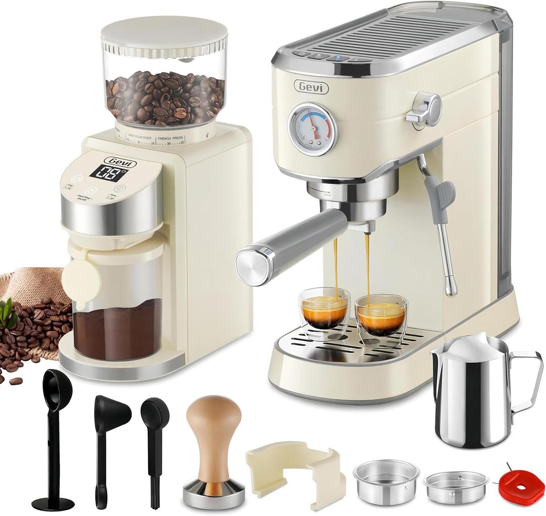 Gevi Espresso Machine 20 Bar with Grinder, Professional Espresso Maker with 35 Precise Grind Settings Burr Coffee Grinders Combos, Super-Automatic Espresso Machines, Gift for Coffee Lover (Ivory Beige)