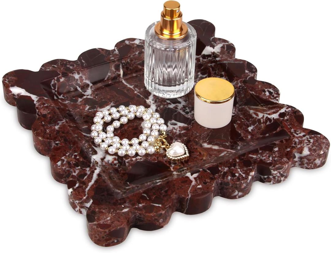 Square Marble Decorative Tray with Scalloped Edge,Luxury Natural Stone Bathroom Vanity Tray, Dresser Top Perfume Coffee Home Kitchen Sink Tray, Key Trinket Ring (Rosso Lepanto, 8 * 8)