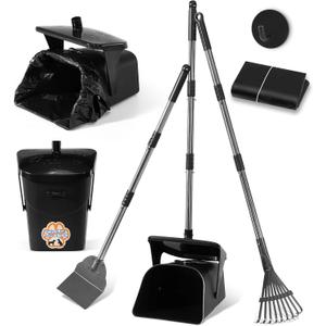Stainless Steel Dog Pooper Scooper,40" Long Handle Swivel Bin, Rake and Spade,20 Waste Bags & Hook - Heavy Duty Portable Metal Poop Scooper for Large,Medium and Small Dogs