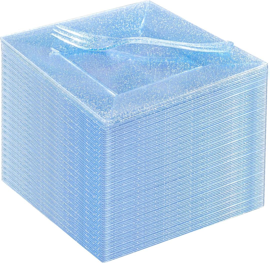 DaYammi 100Pcs Blue Glitter Dessert Plates Including 50Pcs Appetizer Plates 6" and 50Pcs Plastic Forks 5.7",Blue Plastic Square Plate for Party,plastic Salad Plate and Cake Forks for Wedding Birthday