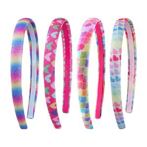 GSHLLO 4 Pcs 1.5cm Thin Rainbow Headbands Heart Printed Hairbands Sweet Hair Bands Girls Mermaid Headbands Glitter Sequin Headbands Non Slip Hair Hoops Fashion Kids Hair Piece Multi 2