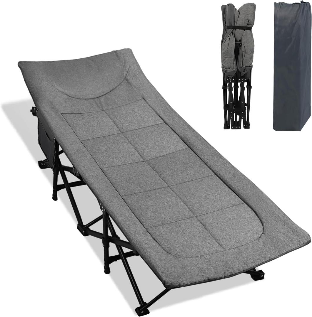 Northroad Camping Cot for Adults with Cushion and Pillow, Portable Folding Bed for Sleeping, Lightweight Tent cot with Carry Bag Supports 450 lbs (Grey), Large