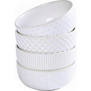 Pyrilo Porcelain Soup bowls 26 oz, Ceramic Cereal Bowls for Kitchen, Embossment Stoneware Bowl for Pho, Soup, Fruits, Salad, Noodle, Ramen, Suit For Housewarming - 6 Inch, Set of 6（white）