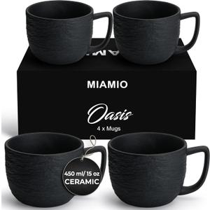 MIAMIO  15 oz Coffee Mugs/Mug Set of 4 - Ceramic Mug for Coffee, Latte, Cappuccino, and Tea - Oasis Collection (Black)