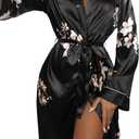 WDIRARA Women's Floral Print Long Sleeve Satin Long Robe Bridesmaid Wedding Party Robe (Medium, Black)