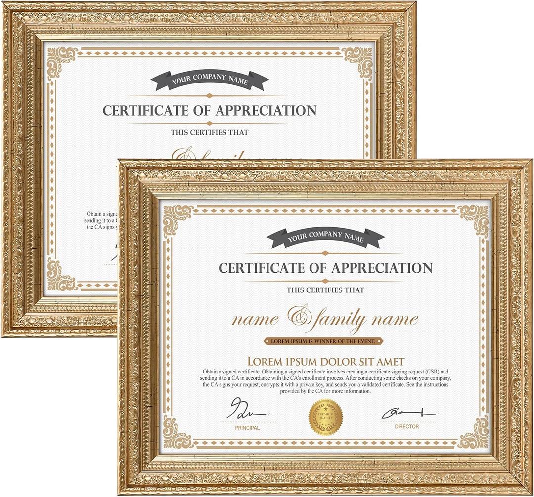 Edenseelake 8.5 x 11 Picture Frames Set of 2, Vintage Gold 8.5 x 11 Diploma Certificate Frame for Tabletop or Wall Display