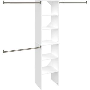 ClosetMaid SuiteSymphony Wood Closet Organizer Starter Kit with Tower and 3 Hang Rods, Shelves, Adjustable, Fits Spaces 4  9 ft. Wide, Engineered Wood, Pure White, 16"