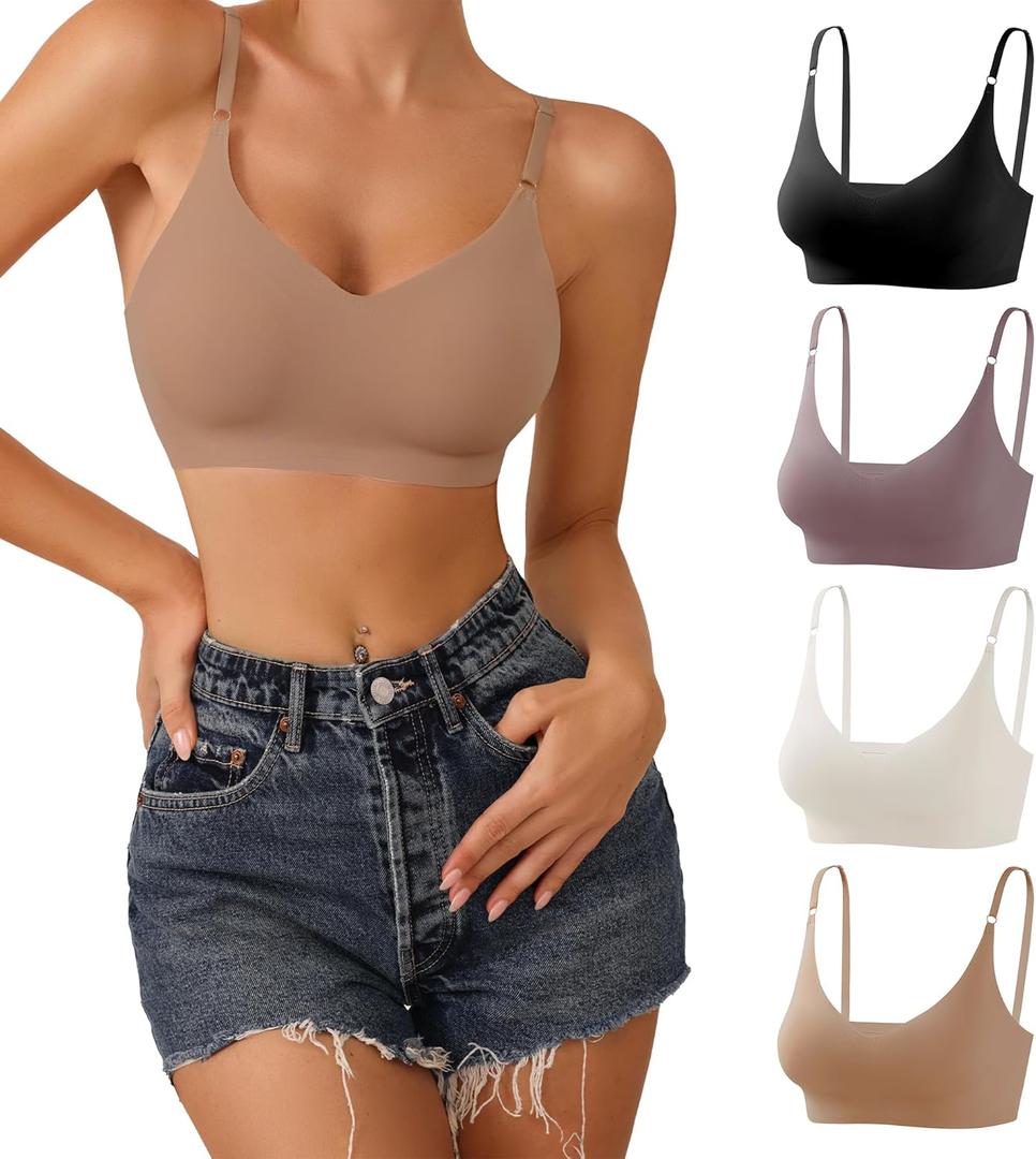 DEANGELMON V Neck Bra Padded Seamless Adjustable Straps Bralettes Everyday Basic Sleeping Bras Multiple Pack (Medium, Black,apricot,purple,nude)