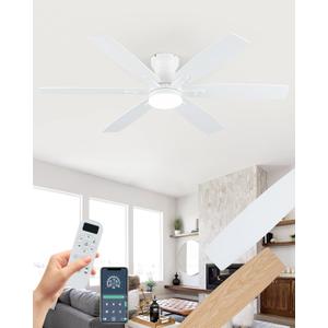 Coolwind 52" Low Profile Ceiling Fan with Light, White 6 Speed Reversible DC Motor, 6 Double-Side Blades and App/Display Remote Control, 3CCT Dimmable Led Flush Mount Ceiling Fan for Bedroom