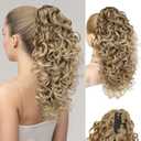 Flufymooz 100 Pure Protein Ponytail Extension, 18 Inch Curly Claw Clip Ponytail Hair Extensions Natural Soft pony tail hairpiece for women-Dark Blonde (Dark Blonde to Light Brown)