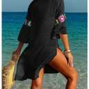 SweatyRocks Women's Floral Crochet Coverups Dress 3/4 Sleeve V Neck Sheer Beach Cover Up Dress Black X-Large