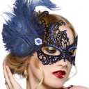 Feather Masquerade Mask for Women - Halloween Lace Eyemask with Removable Peacock Feathers, Venetian Party Masks (Blue)