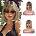 Short Blonde Bob Wig with Bangs Ombre Wig Short Blonde Wigs for Women 12 Inch Synthetic Wig Straight Highlights Wig Natural Hair Replacement Wigs for Holiday Cosplay Daliy Party Use
