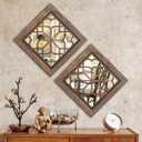Boho Wall Mirror Decor, Set of 2 Rustic Farmhouse Mirror 12x12 Inch, Square Shatterproof Vintage Style Mirrors for Wall, Small Decorative Mirrors for Living Room, Bedroom(Redbrown)