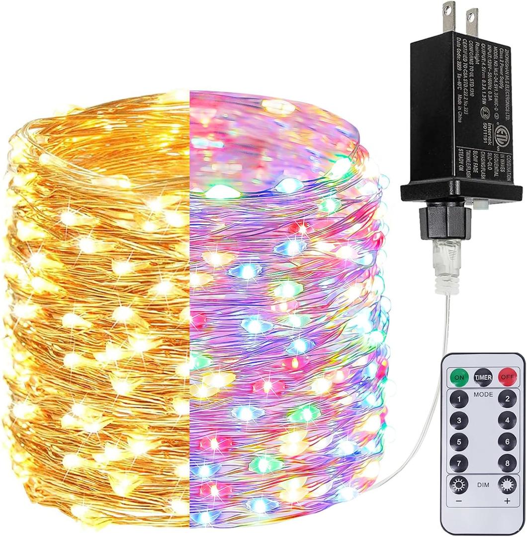 Warm White Multicolor 66Ft 200LED Christmas Fairy Lights Plug in with Remote, Waterproof String Lights Outdoor Indoor 8 Modes with Timer, Twinkle Lights for Girl's Room Garden Christmas Decorations