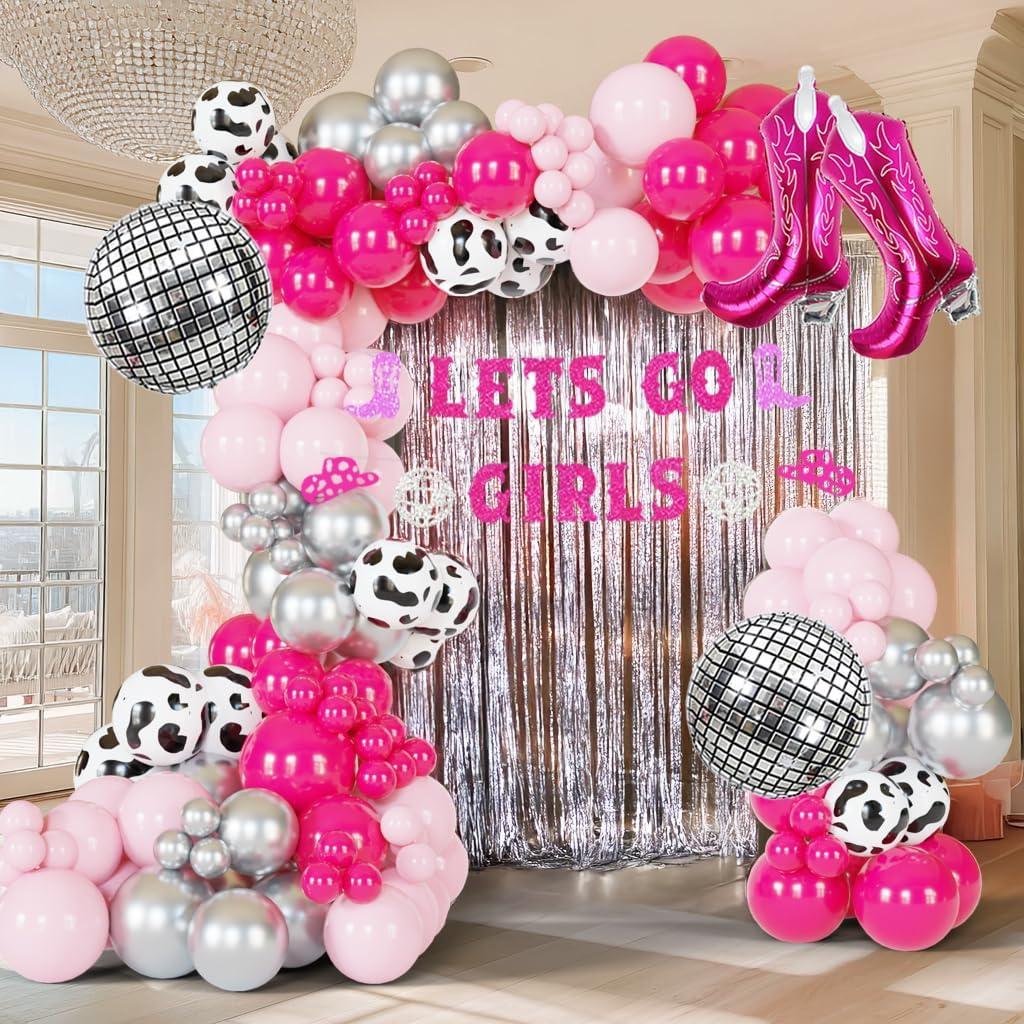 Cowgirl Balloons Arch Garland Kit For Last Rodeo Bachelorette Sash Supply Birthday Party Decorations,Hot Pink Rose Red Silver Cow Print Cowgirl Boot Disco Ball Balloon,LetS Go Girl Banner Backdrop