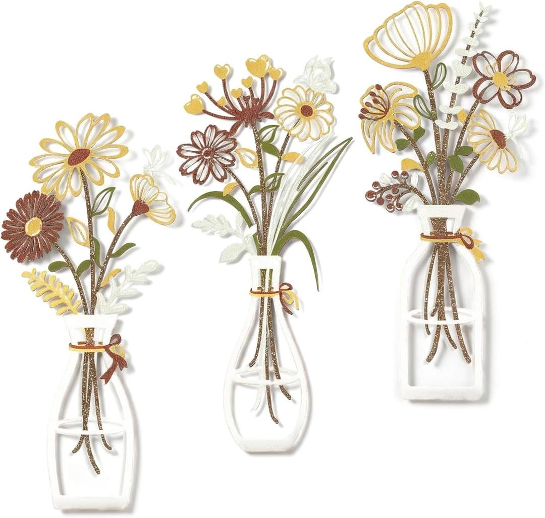 Zcblcyj 3 Pieces Metal Flowers Wall Art Set Handcrafted Floral Metal Wall Decor with Textured Finish, Elegant Iron Flower Wall Art for Living Room, Bedroom, Bathroom Decoration (Yellow & Brown-White)