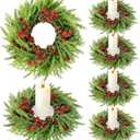 6 Pack Small Christmas Wreath Candle Rings Artificial Pine Branches with Pinecones Red Berries Fake Foliage Pine Needles Picks Candle Rings Holder for Table Centerpiece Home Door Window Chair Wall