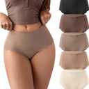 SHARICCA Seamless High Waisted Underwear for Women Cheeky Underwear Wave Edge No Show Bikini Panties Ribbed Panties Pack (X-Large, 5p - Brown)