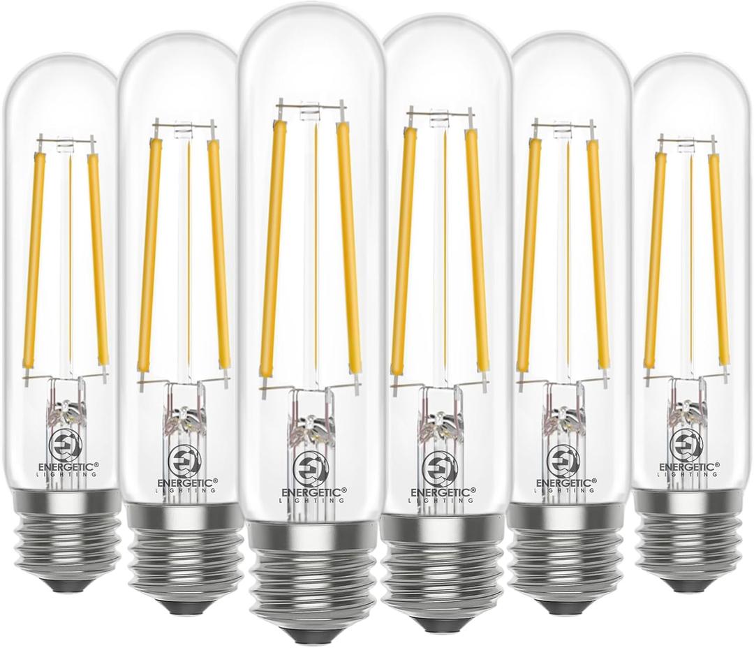 Energetic Dimmable E26 Edison Bulb, AC120V Soft White 2700K Light Bulb, 5W Equal 60W 600LM Tubular T10 LED Light Bulbs for Rustic Pendant, Chandeliers, Wall Sconces, Pack of 6