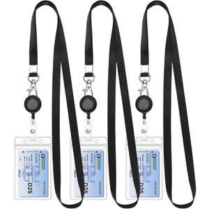 Teskyer 3 Pack Retractable Lanyards for ID Badges, Thick Clear Plastic ID Badge Holder with Lanyard and Badge Reel Clip for Name Work Cards, Cruise Ship Cards - Black
