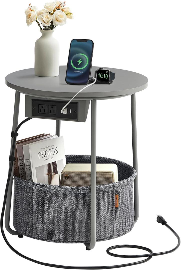VASAGLE LILEA Collection - Side Table with Charging Station, Round End Table with Fabric Basket, Nightstand with USB Ports, for Living Room, Bedroom, Modern, Dove Gray and Slate Gray ULET228G01